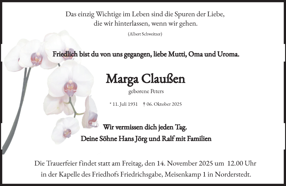  Traueranzeige für Marga Claußen vom 25.10.2025 aus Heimatspiegel