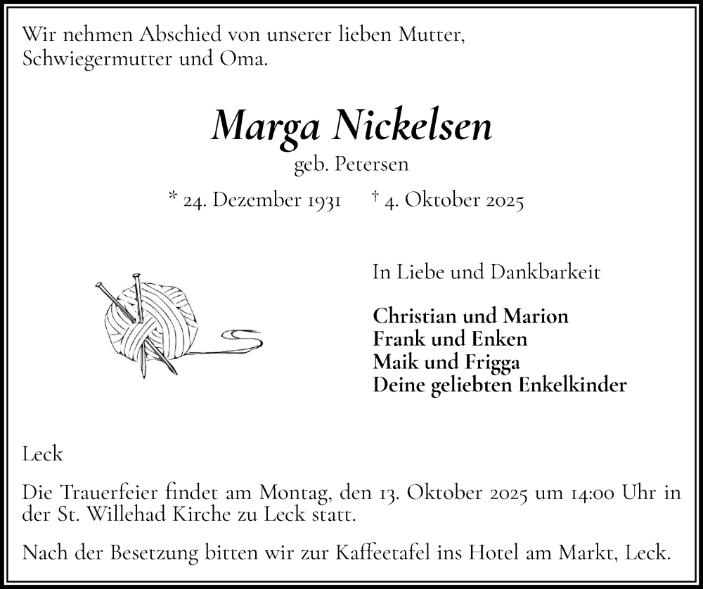  Traueranzeige für Marga Nickelsen vom 08.10.2025 aus Husumer Nachrichten, Nordfriesland Tageblatt