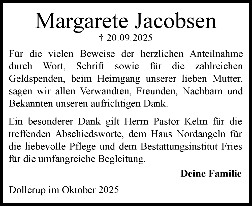  Traueranzeige für Margarete Jacobsen vom 25.10.2025 aus Flensburger Tageblatt