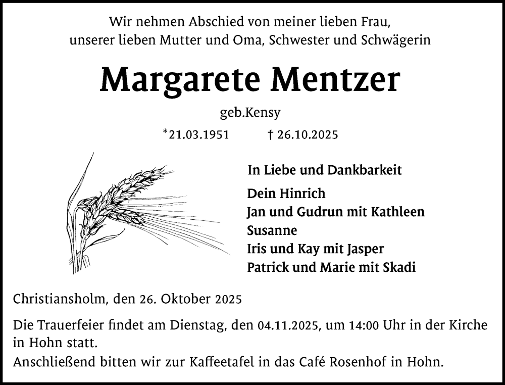  Traueranzeige für Margarete Mentzer vom 30.10.2025 aus Schleswig-Holsteinische Landeszeitung