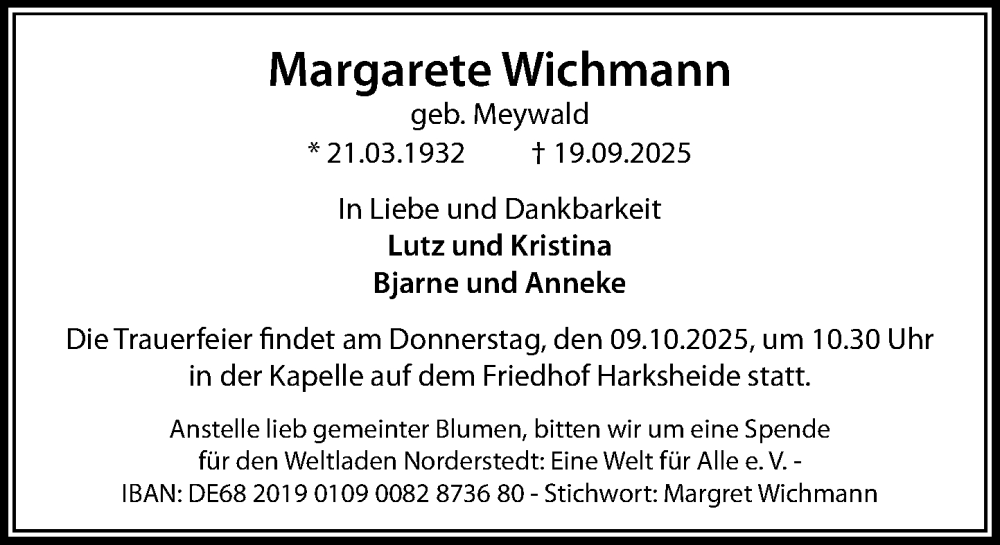  Traueranzeige für Margarete Wichmann vom 04.10.2025 aus Heimatspiegel