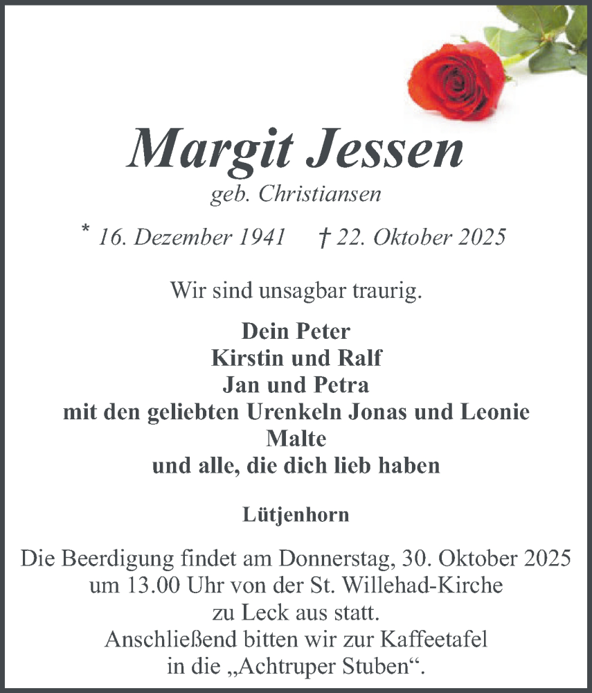  Traueranzeige für Margit Jessen vom 25.10.2025 aus Region Flensburg