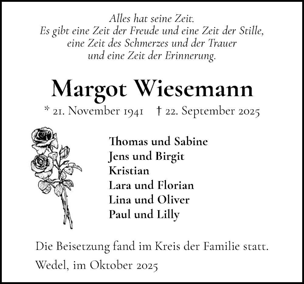  Traueranzeige für Margot Wiesemann vom 25.10.2025 aus Wedel-Schulauer Tageblatt, tip Wedel-Schulauer Tageblatt, tip Rissener Rundschau