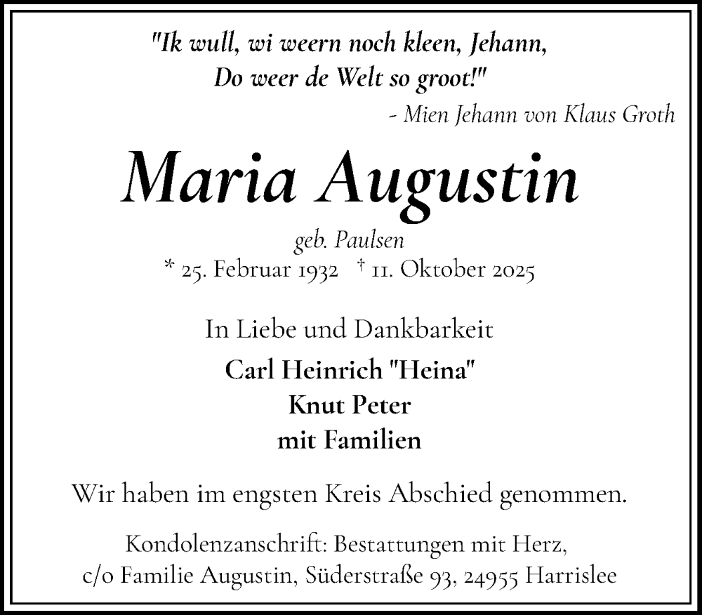  Traueranzeige für Maria Augustin vom 18.10.2025 aus Flensburger Tageblatt