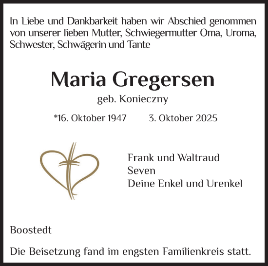 Traueranzeige von Maria Gregersen von Holsteinischer Courier