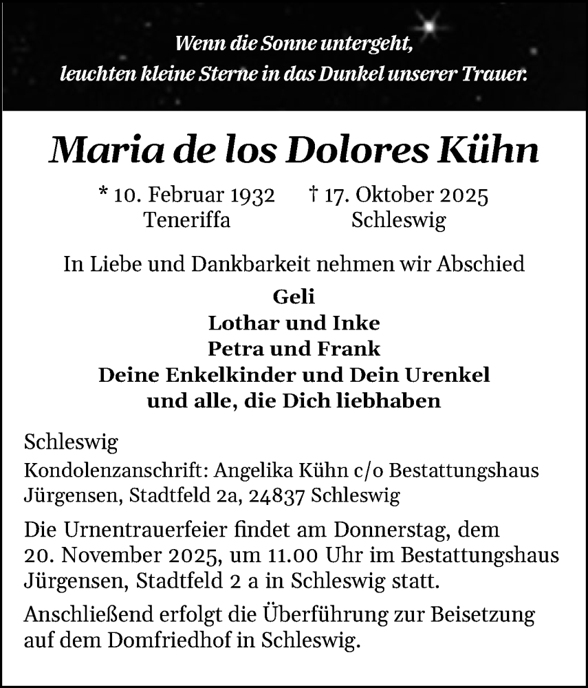  Traueranzeige für Maria de los Dolores Kühn vom 01.11.2025 aus Schleswiger Nachrichten, Schlei-Bote