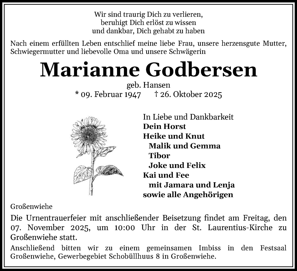  Traueranzeige für Marianne Godbersen vom 01.11.2025 aus Region Flensburg