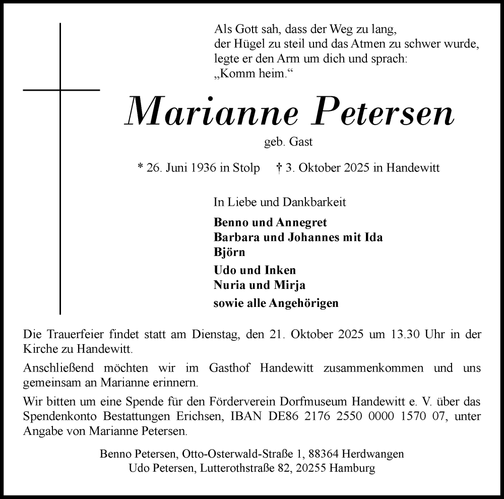  Traueranzeige für Marianne Petersen vom 11.10.2025 aus Flensburger Tageblatt