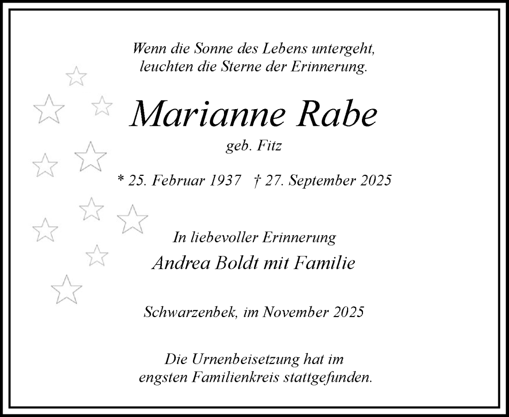  Traueranzeige für Marianne Rabe vom 01.11.2025 aus Wochenend Anzeiger