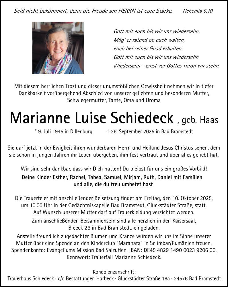 Traueranzeige für Marianne Luise Schiedeck vom 04.10.2025 aus Husumer Nachrichten, Nordfriesland Tageblatt