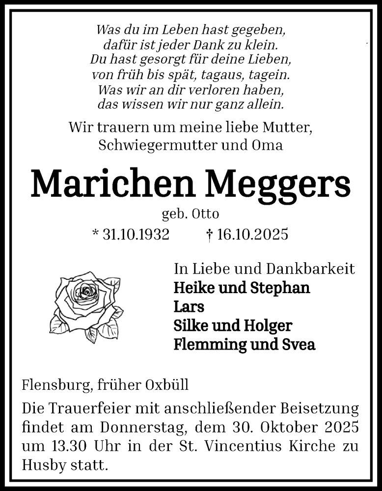  Traueranzeige für Marichen Meggers vom 25.10.2025 aus Flensburger Tageblatt