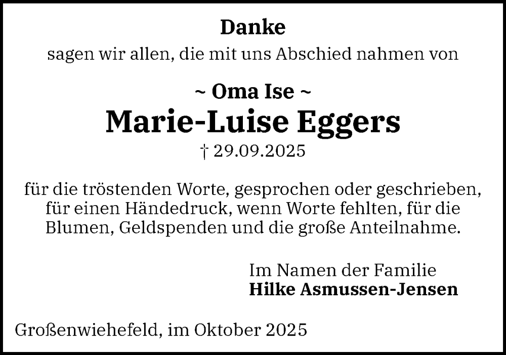  Traueranzeige für Marie-Luise Eggers vom 25.10.2025 aus Flensburger Tageblatt