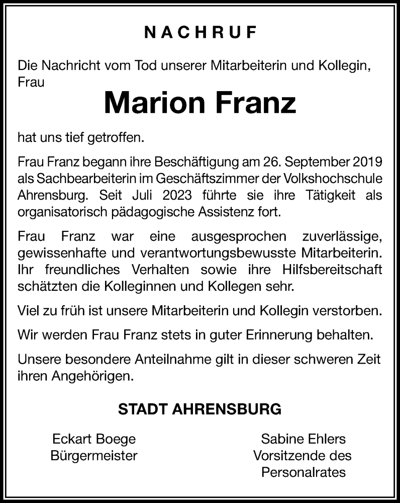  Traueranzeige für Marion Franz vom 25.10.2025 aus MARKT Ahrensburg/Bargteheide/Trittau und Stormarner Tageblatt