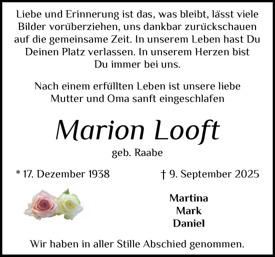 Traueranzeige von Marion Looft von Schleswig-Holsteinische Landeszeitung