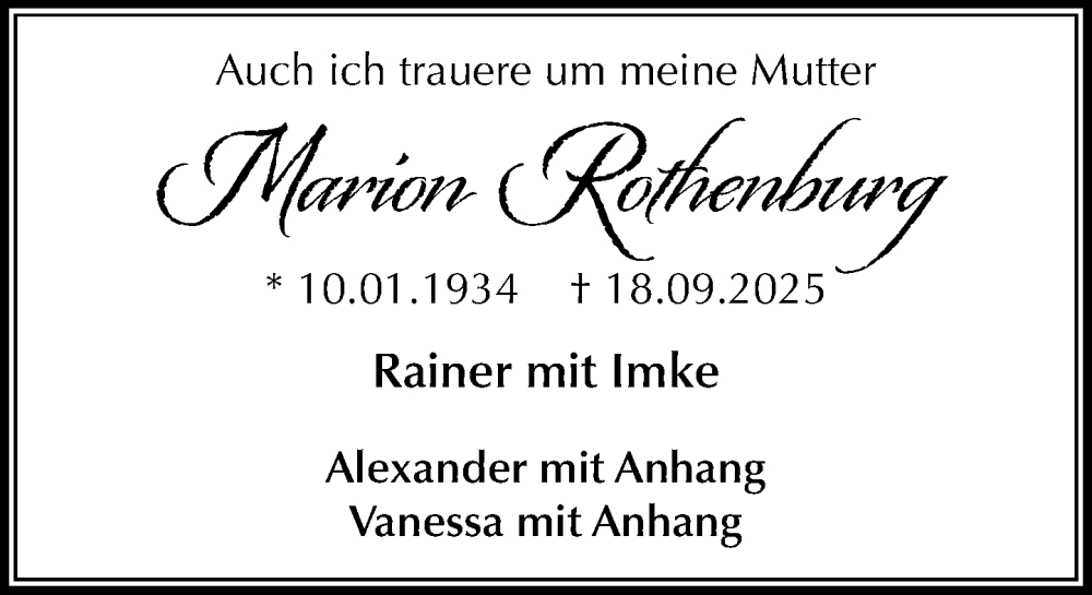  Traueranzeige für Marion Rothenburg vom 11.10.2025 aus MARKT Ahrensburg/Bargteheide/Trittau und Stormarner Tageblatt