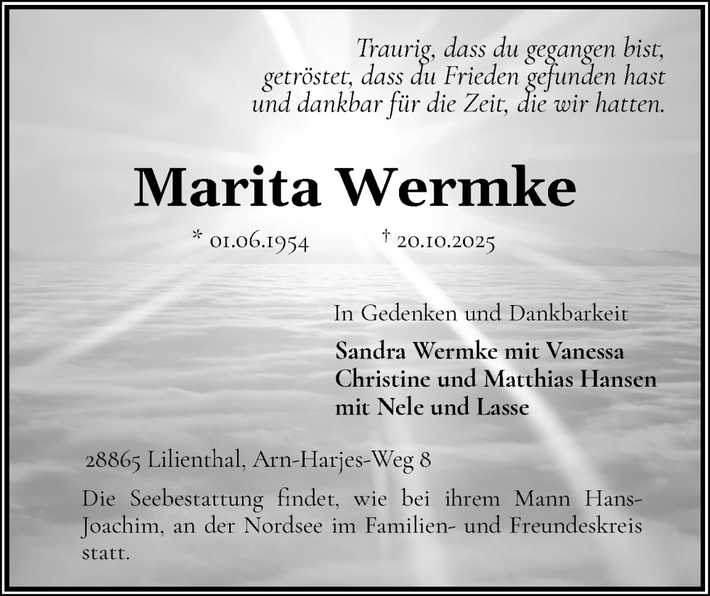  Traueranzeige für Marita Wermke vom 01.11.2025 aus Stormarner Tageblatt