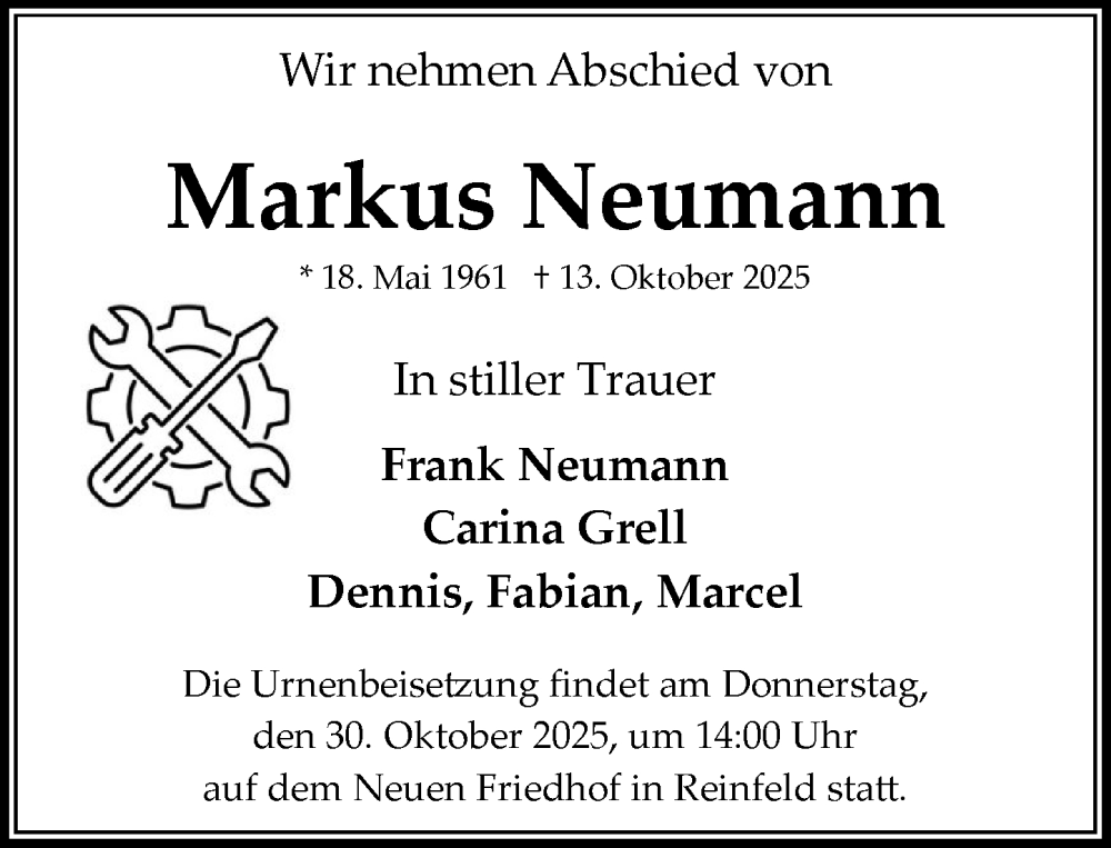  Traueranzeige für Markus Neumann vom 25.10.2025 aus MARKT Bad Oldesloe/Reinfeld und Stormarner Tageblatt
