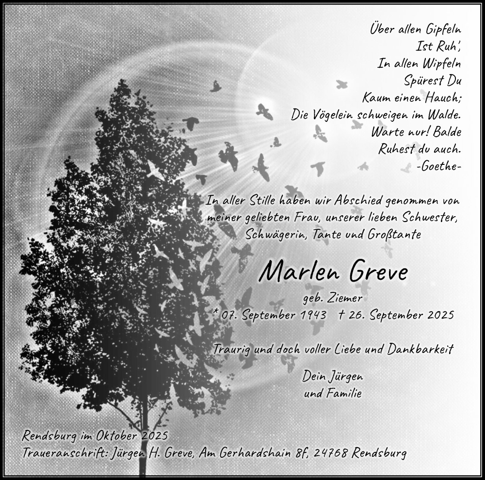  Traueranzeige für Marlen Greve vom 11.10.2025 aus Schleswig-Holsteinische Landeszeitung