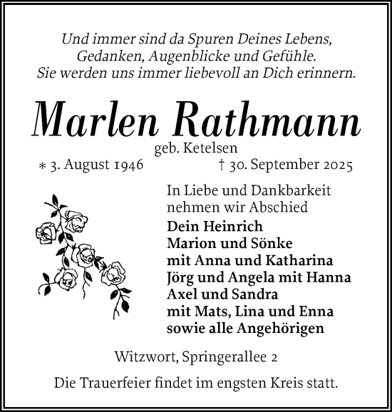 Traueranzeige von Marlen Rathmann von Husumer Nachrichten, Nordfriesland Tageblatt