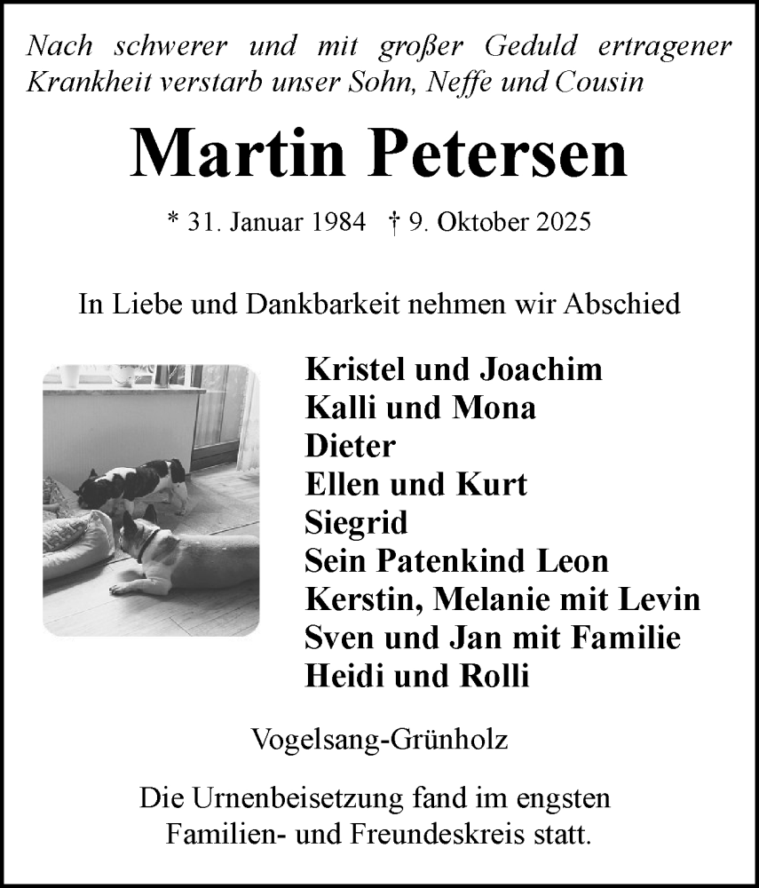  Traueranzeige für Martin Petersen vom 01.11.2025 aus Eckernförder Zeitung, Hallo Eckernförde