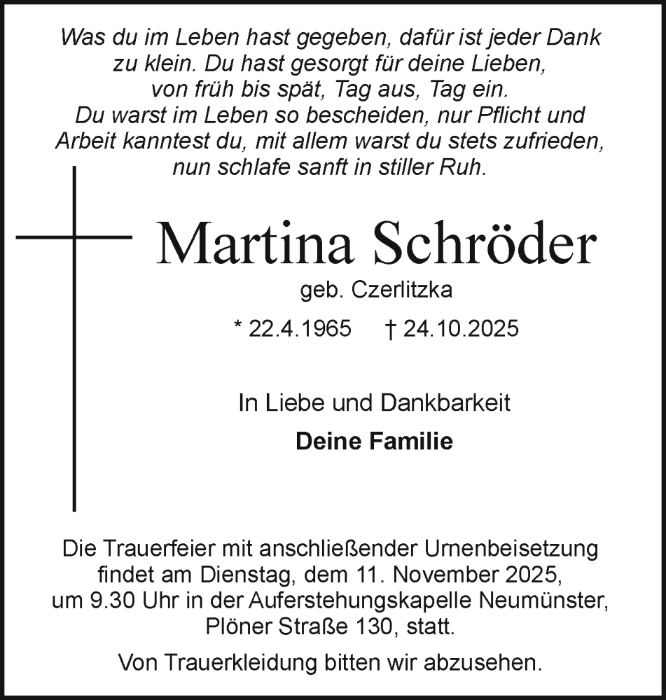  Traueranzeige für Martina Schröder vom 01.11.2025 aus Holsteinischer Courier
