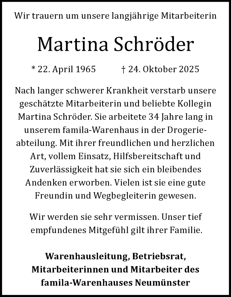  Traueranzeige für Martina Schröder vom 01.11.2025 aus Holsteinischer Courier
