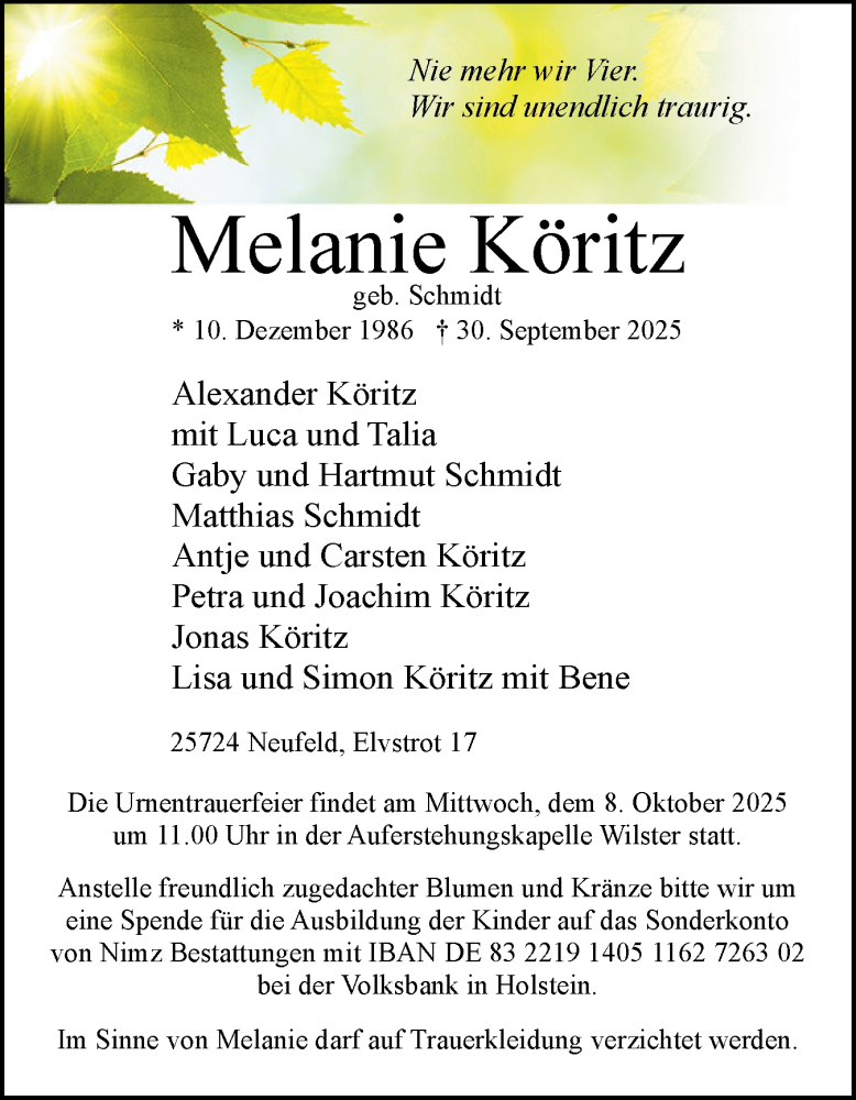  Traueranzeige für Melanie Köritz vom 04.10.2025 aus Norddeutsche Rundschau, Wilstersche Zeitung, Glückstädter Fortuna