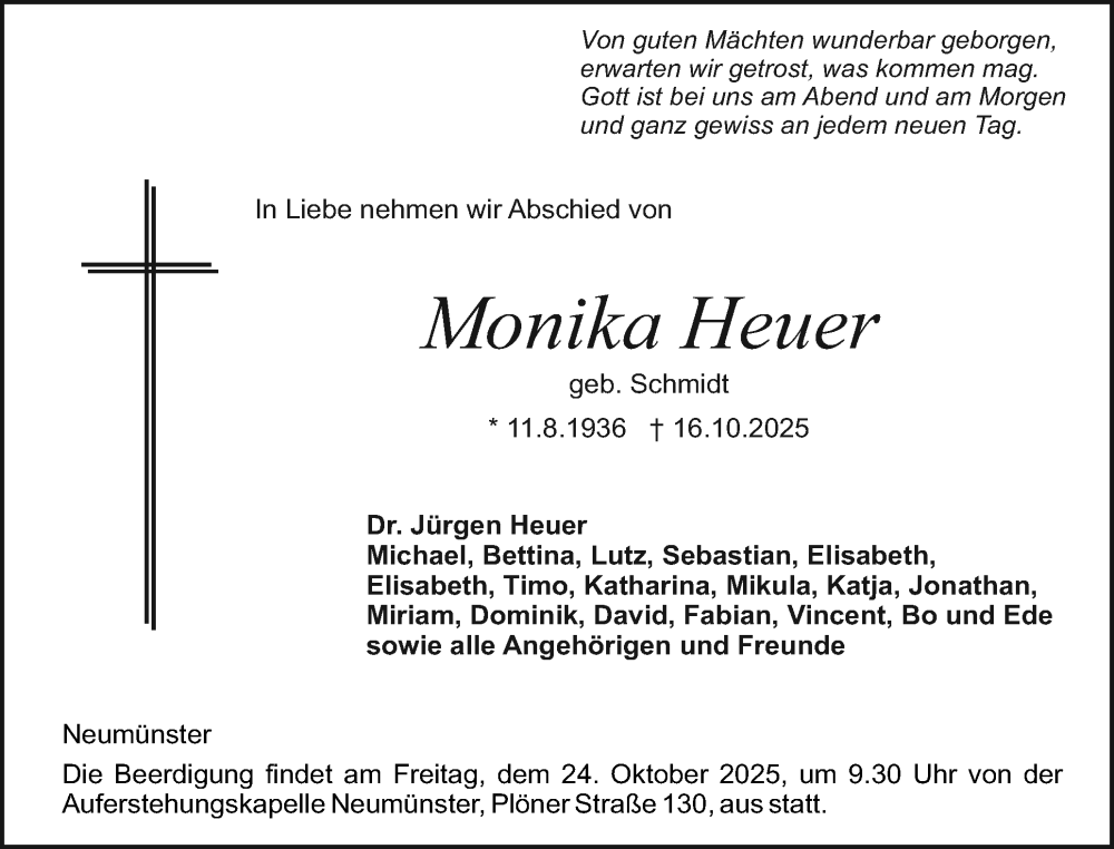  Traueranzeige für Monika Heuer vom 21.10.2025 aus Holsteinischer Courier
