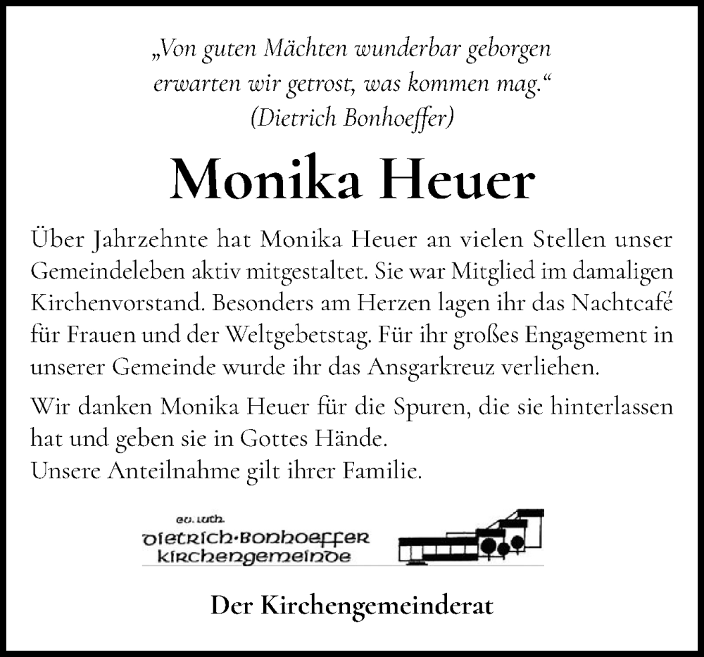  Traueranzeige für Monika Heuer vom 23.10.2025 aus Holsteinischer Courier