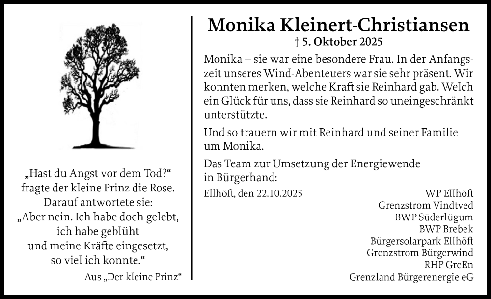  Traueranzeige für Monika Kleinert-Christiansen vom 22.10.2025 aus Husumer Nachrichten, Nordfriesland Tageblatt