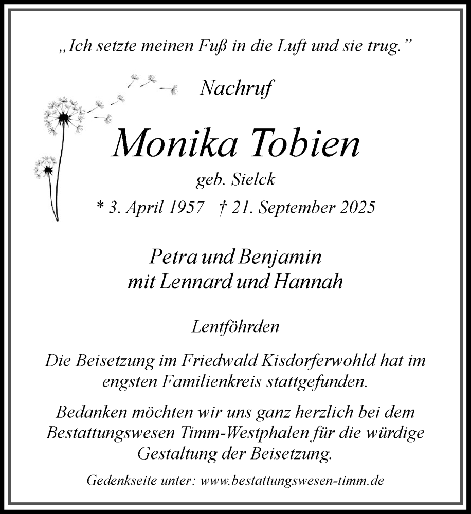  Traueranzeige für Monika Tobien vom 25.10.2025 aus Umschau