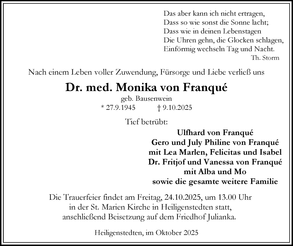 Traueranzeige für Monika von Franqué vom 18.10.2025 aus Norddeutsche Rundschau, Wilstersche Zeitung, Glückstädter Fortuna