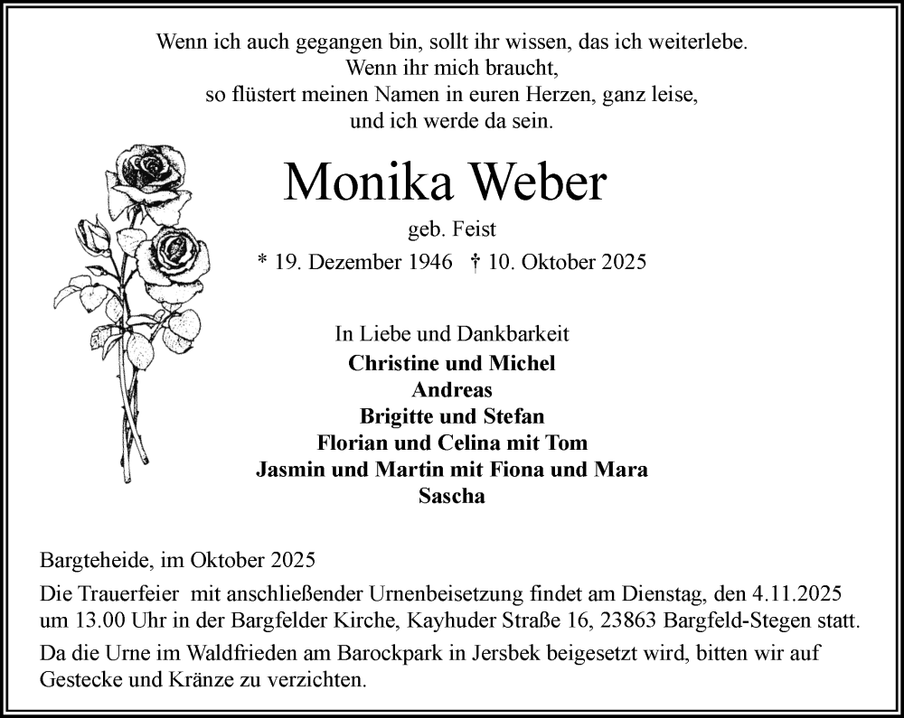  Traueranzeige für Monika Weber vom 25.10.2025 aus MARKT Ahrensburg/Bargteheide/Trittau und Stormarner Tageblatt