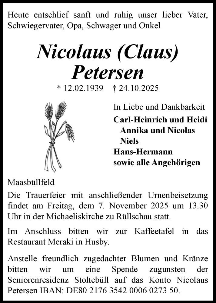  Traueranzeige für Nicolaus Petersen vom 01.11.2025 aus Flensburger Tageblatt