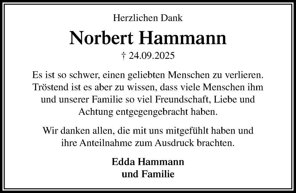  Traueranzeige für Norbert Hammann vom 25.10.2025 aus Heimatspiegel