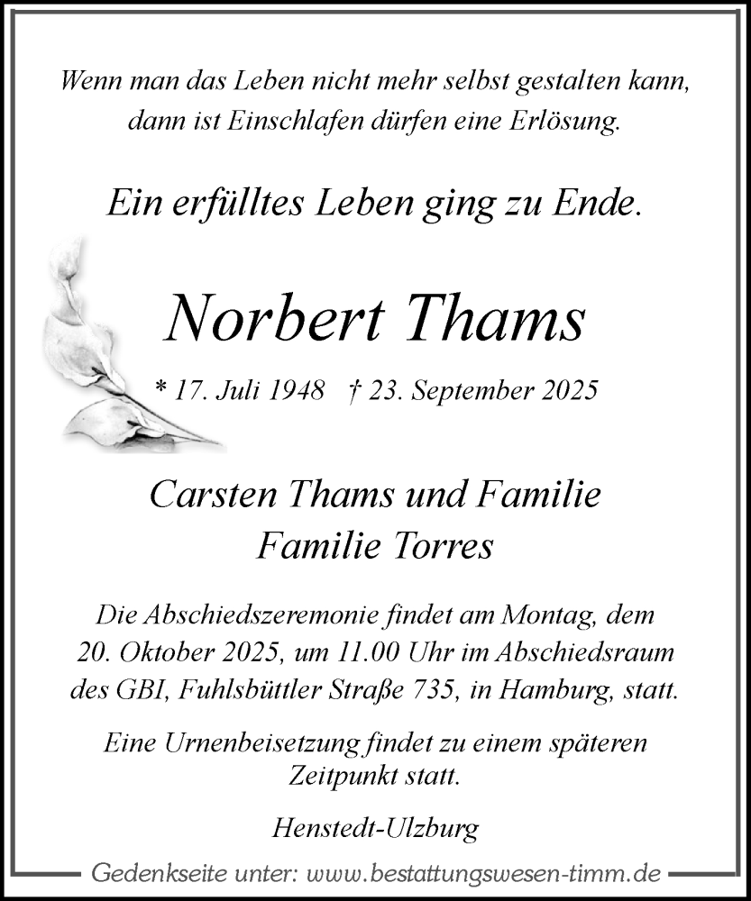  Traueranzeige für Norbert Thams vom 18.10.2025 aus Umschau