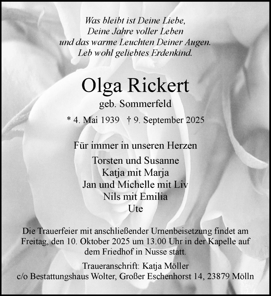  Traueranzeige für Olga Rickert vom 04.10.2025 aus MARKT Ratzeburg/Mölln