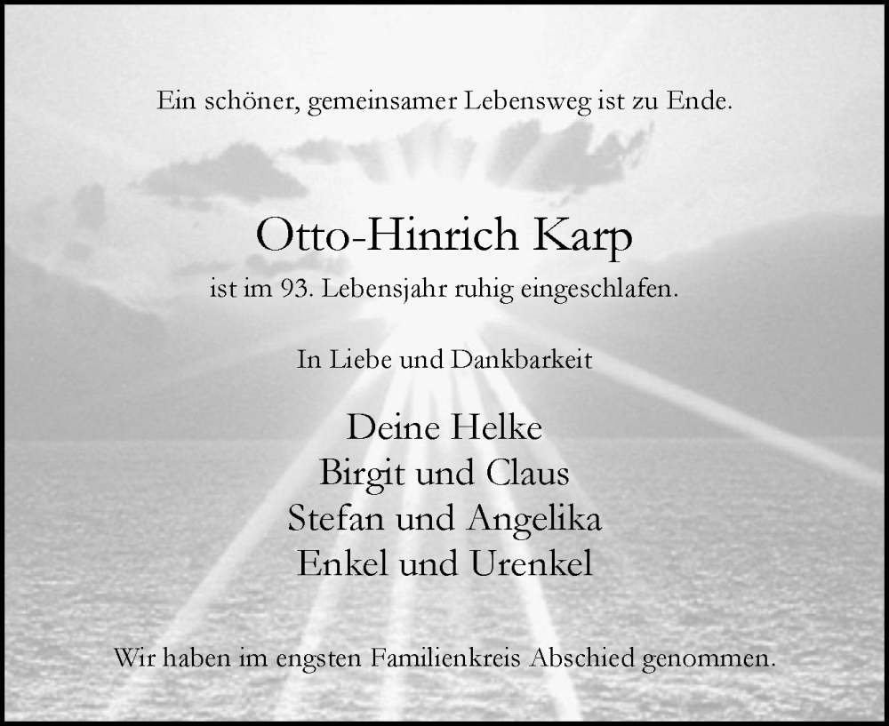  Traueranzeige für Otto-Hinrich Karp vom 11.10.2025 aus Uetersener Nachrichten, Der tip am Wochenende