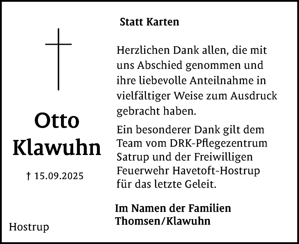 Traueranzeige für Otto Klawuhn vom 18.10.2025 aus Flensburger Tageblatt, Schleswiger Nachrichten, Schlei-Bote