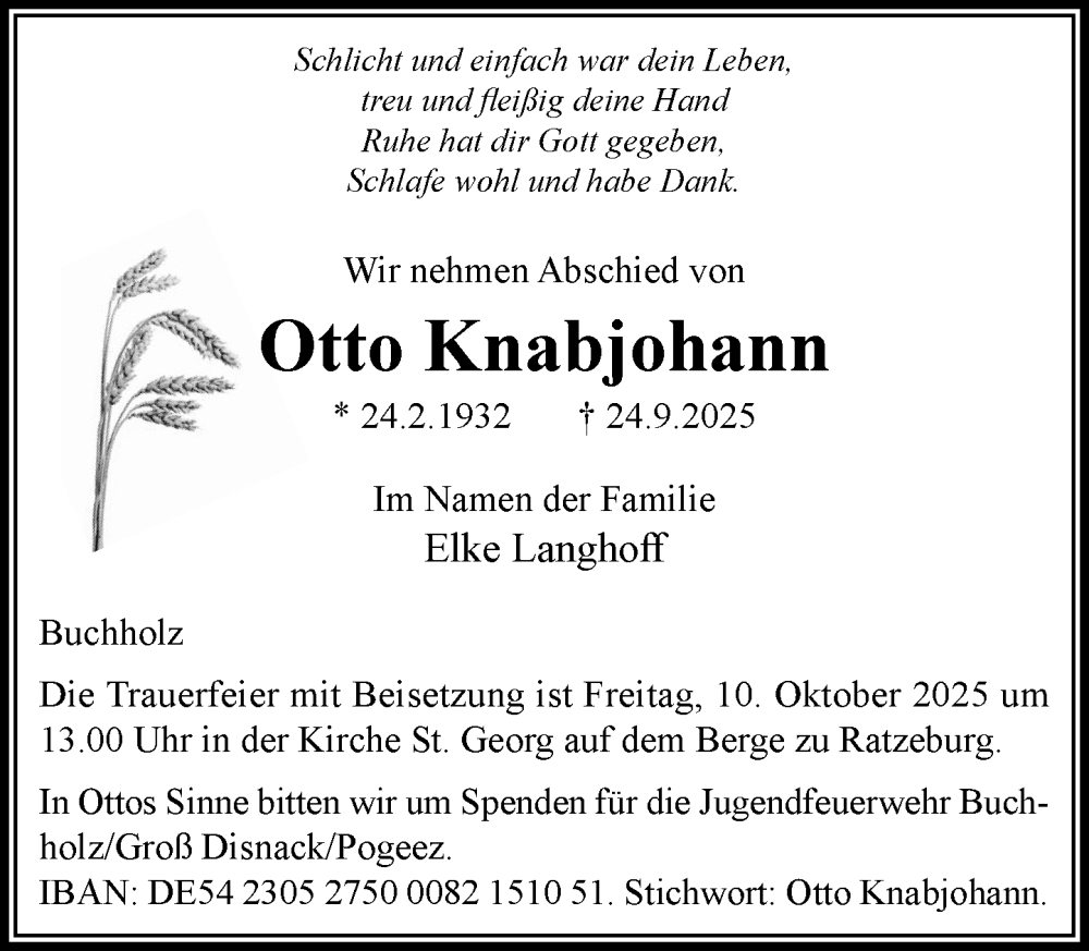  Traueranzeige für Otto Knabjohann vom 04.10.2025 aus MARKT Ratzeburg/Mölln