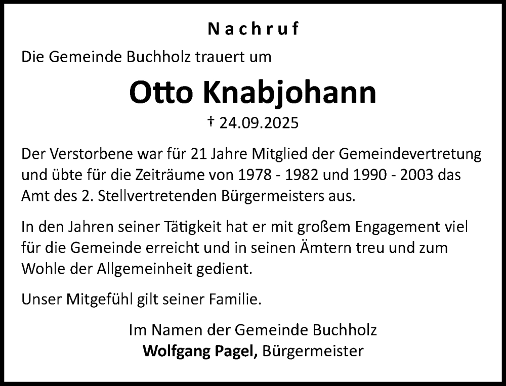  Traueranzeige für Otto Knabjohann vom 11.10.2025 aus MARKT Ratzeburg/Mölln