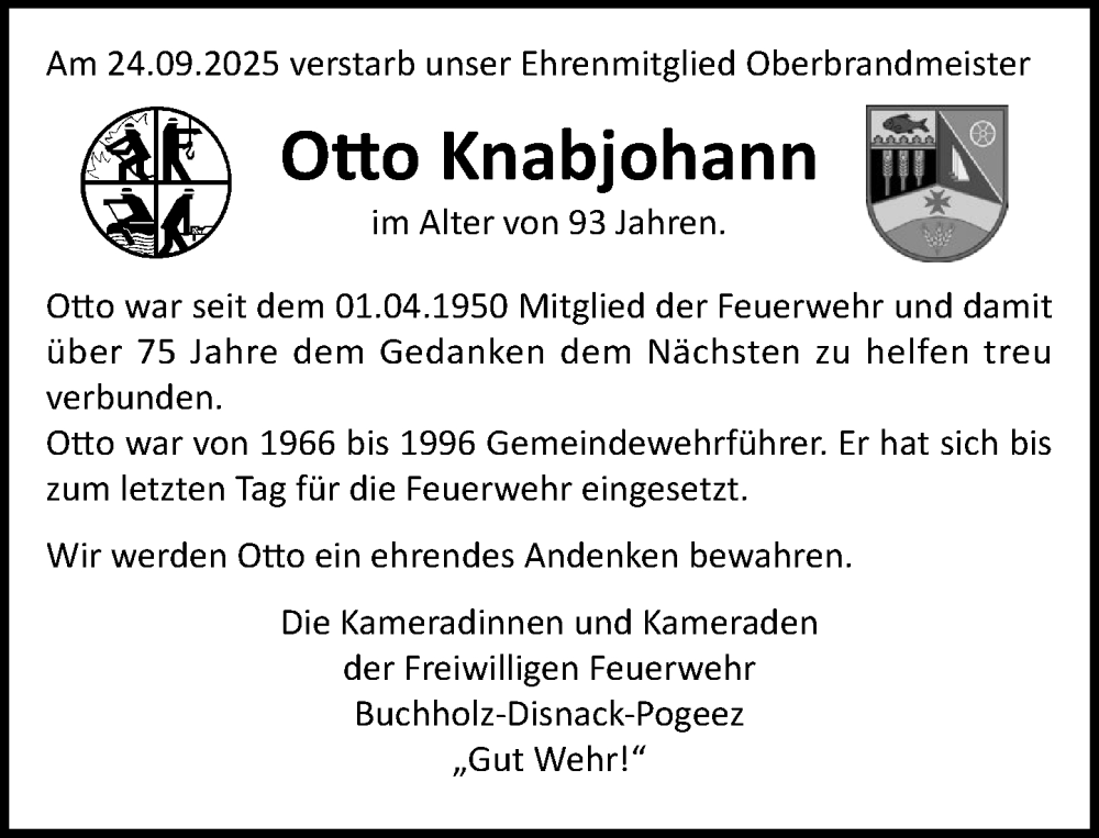  Traueranzeige für Otto Knabjohann vom 11.10.2025 aus MARKT Ratzeburg/Mölln