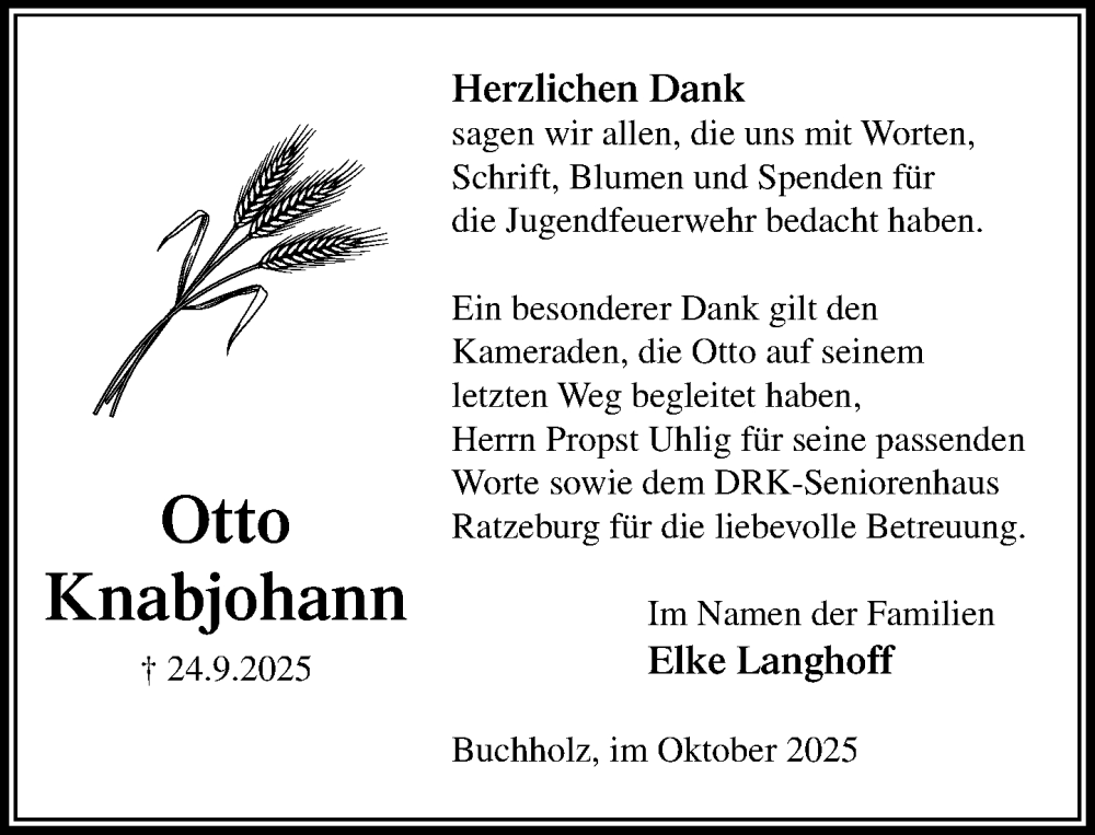  Traueranzeige für Otto Knabjohann vom 25.10.2025 aus MARKT Ratzeburg/Mölln