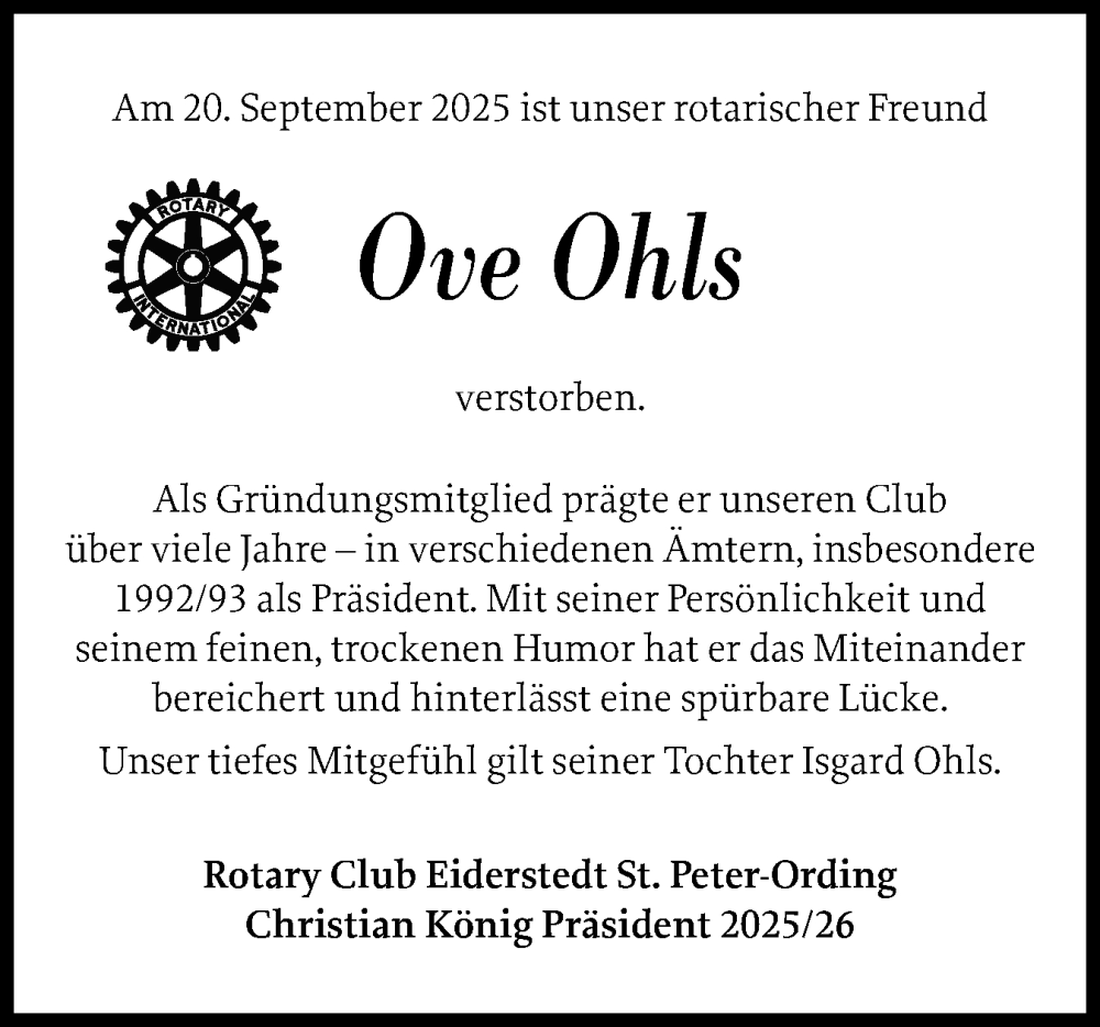  Traueranzeige für Ove Ohls vom 04.10.2025 aus Husumer Nachrichten, Nordfriesland Tageblatt
