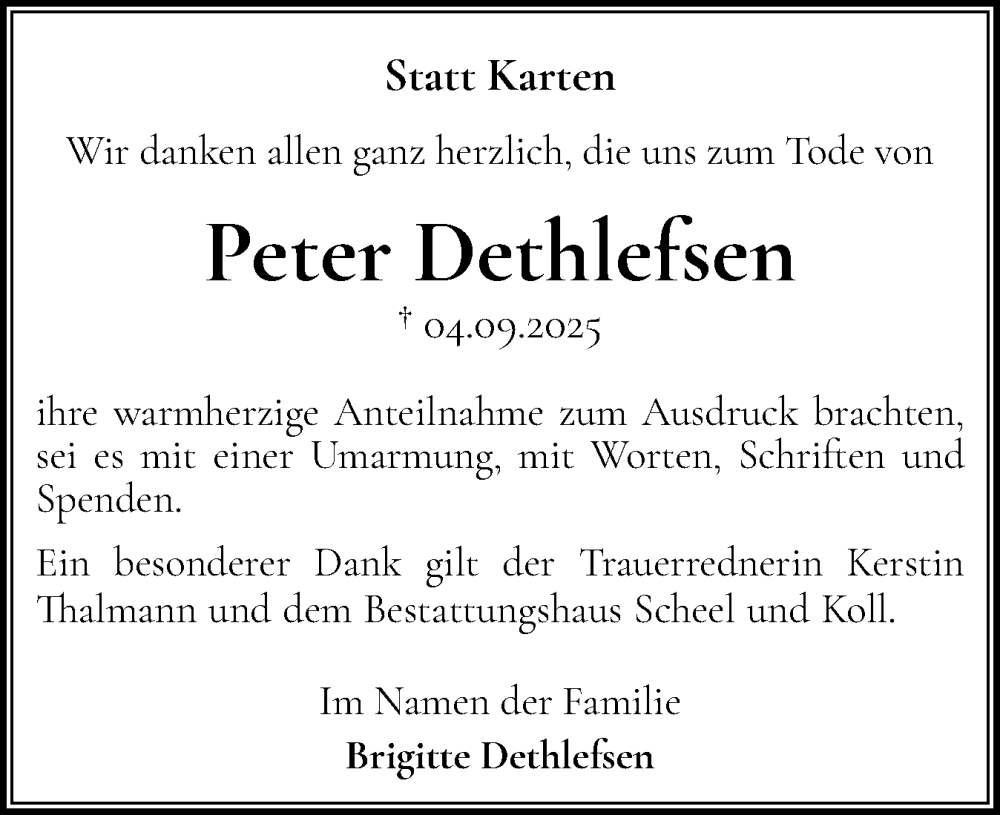  Traueranzeige für Peter Dethlefsen vom 11.10.2025 aus Eckernförder Zeitung, Hallo Eckernförde