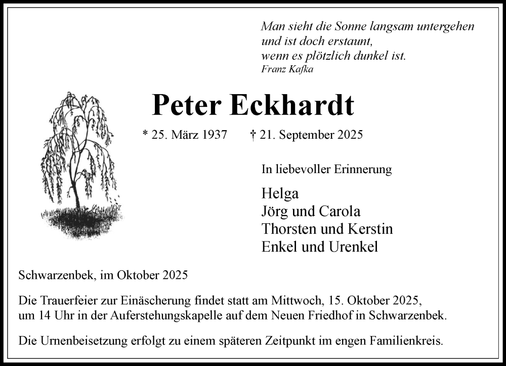  Traueranzeige für Peter Eckhardt vom 04.10.2025 aus Wochenend Anzeiger