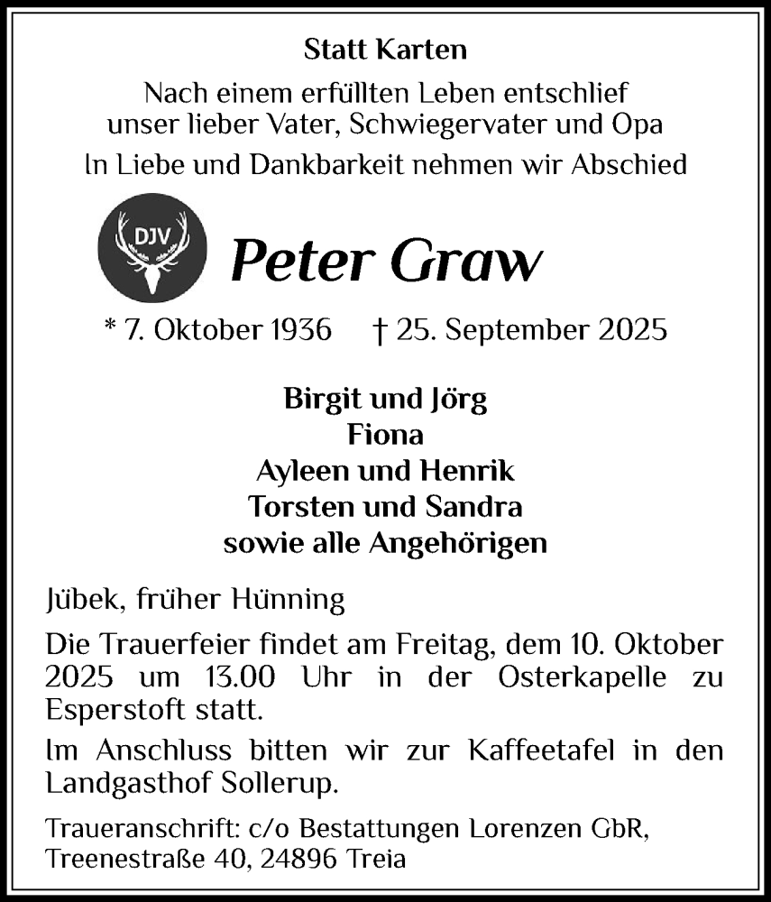  Traueranzeige für Peter Graw vom 04.10.2025 aus Region Flensburg