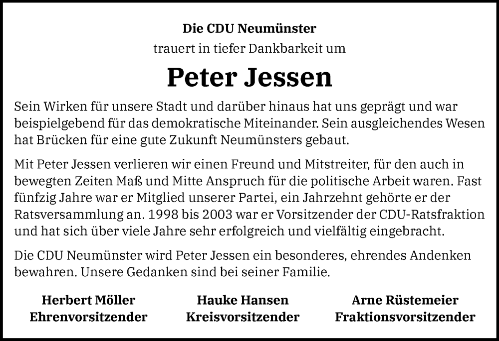  Traueranzeige für Peter Jessen vom 18.10.2025 aus Holsteinischer Courier
