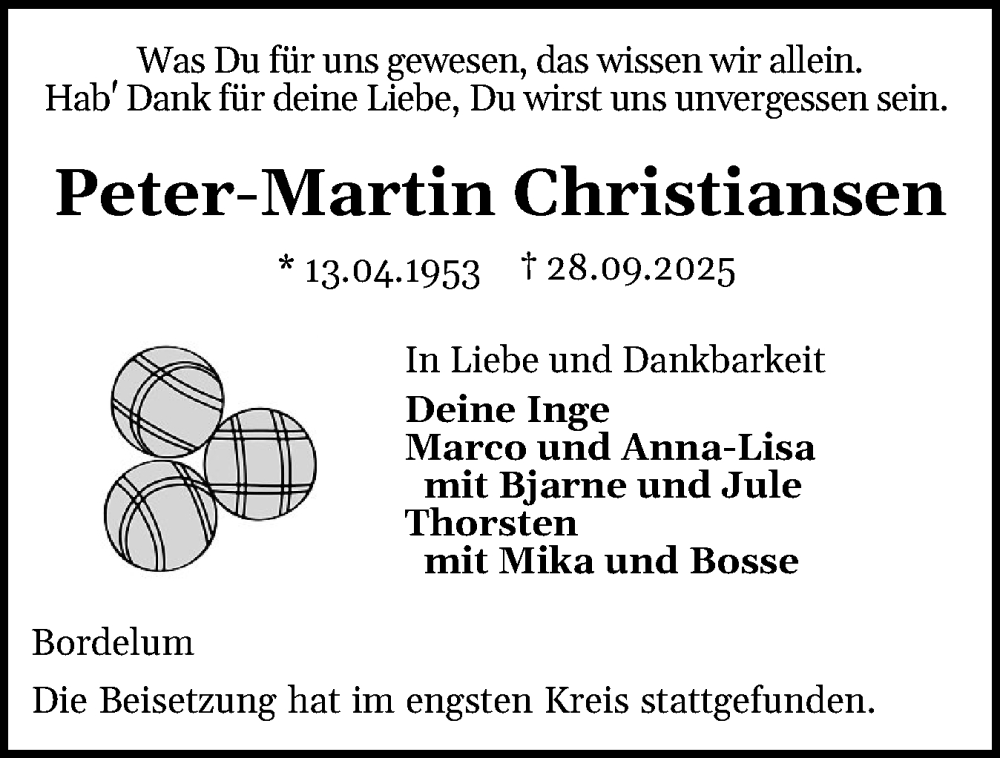  Traueranzeige für Peter-Martin Christiansen vom 18.10.2025 aus Husumer Nachrichten, Nordfriesland Tageblatt