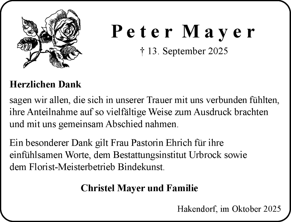  Traueranzeige für Peter Mayer vom 18.10.2025 aus MARKT Ratzeburg/Mölln